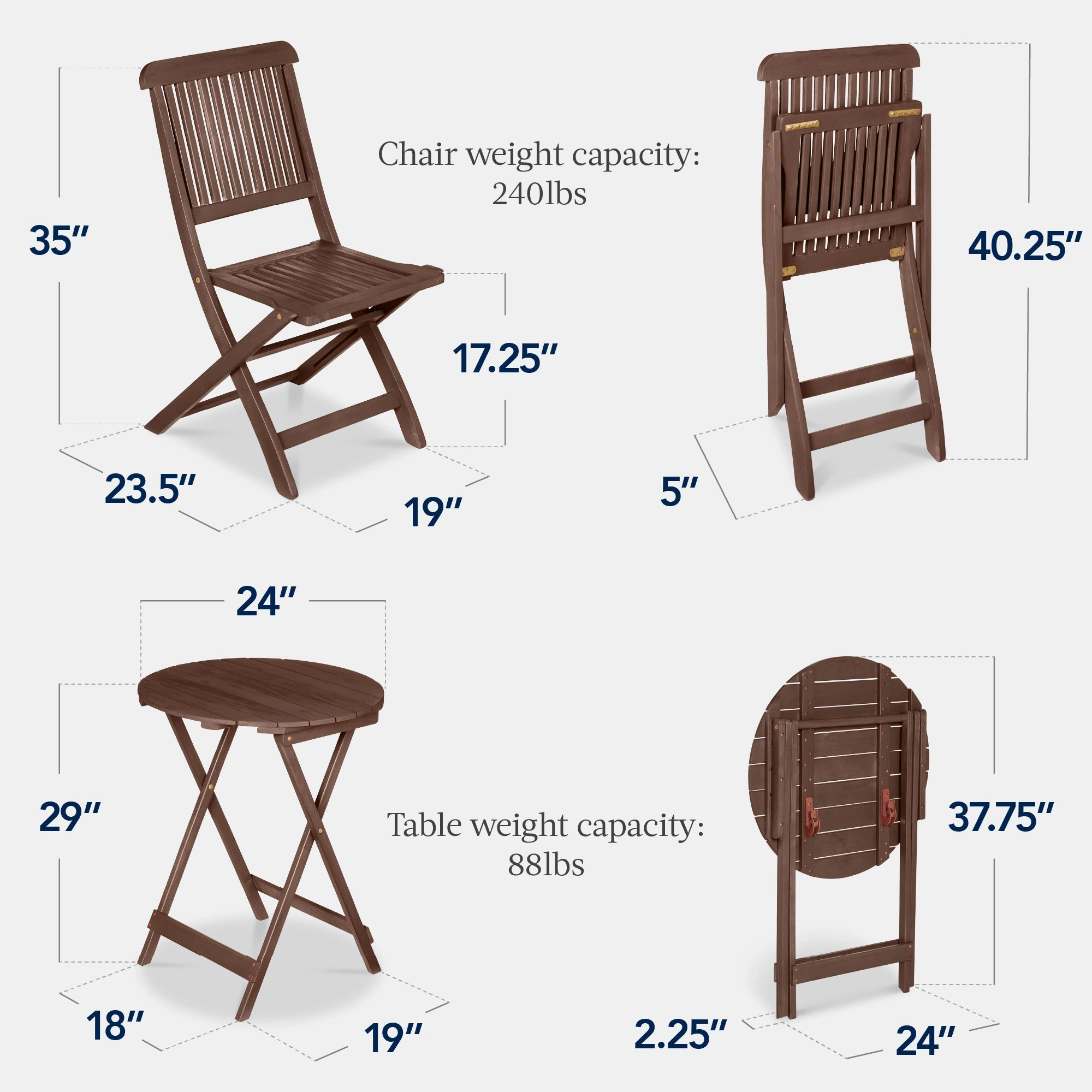 Best Choice Products 3-Piece Acacia Wood Bistro Set, Folding Patio Furniture w/ 2 Chairs, Table - Brown