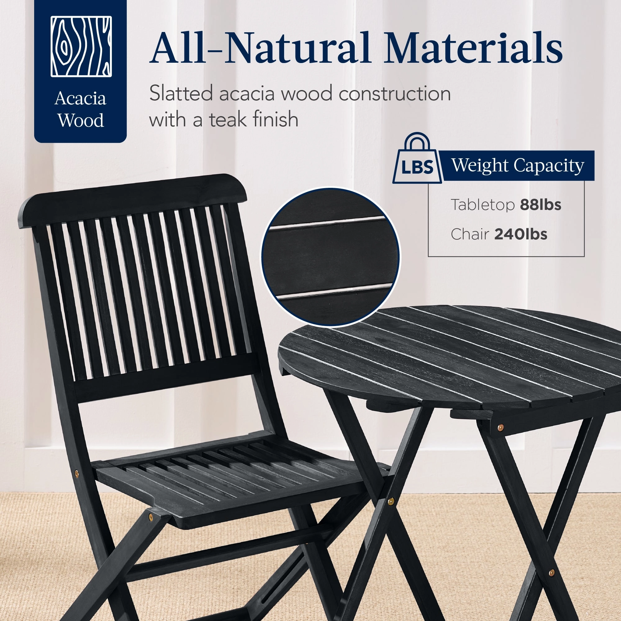 Best Choice Products 3-Piece Acacia Wood Bistro Set, Folding Patio Furniture w/ 2 Chairs, Table - Charcoal