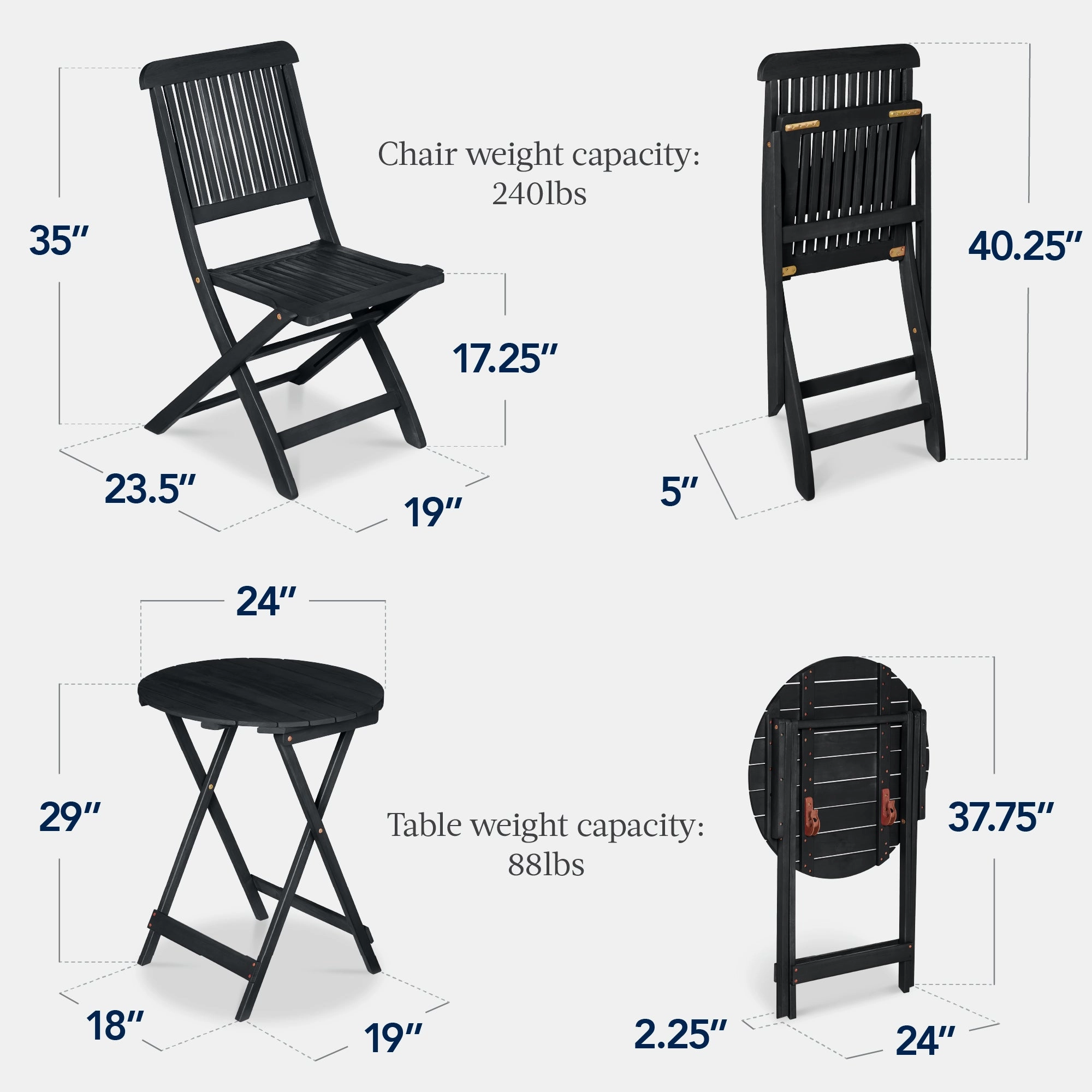 Best Choice Products 3-Piece Acacia Wood Bistro Set, Folding Patio Furniture w/ 2 Chairs, Table - Charcoal