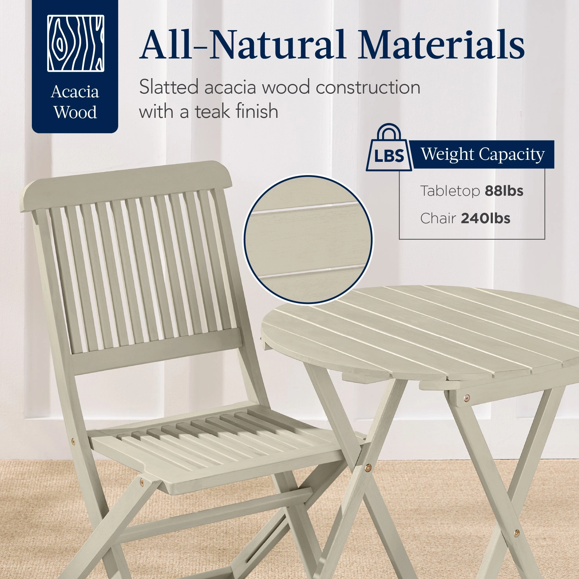 Best Choice Products 3-Piece Acacia Wood Bistro Set, Folding Patio Furniture w/ 2 Chairs, Table - Cream