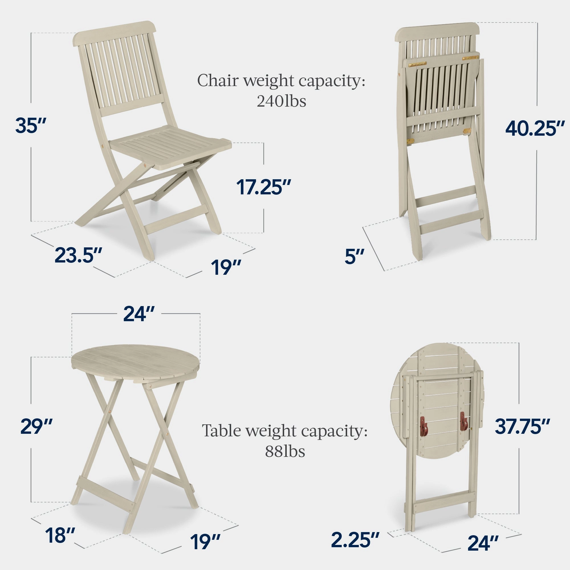 Best Choice Products 3-Piece Acacia Wood Bistro Set, Folding Patio Furniture w/ 2 Chairs, Table - Cream