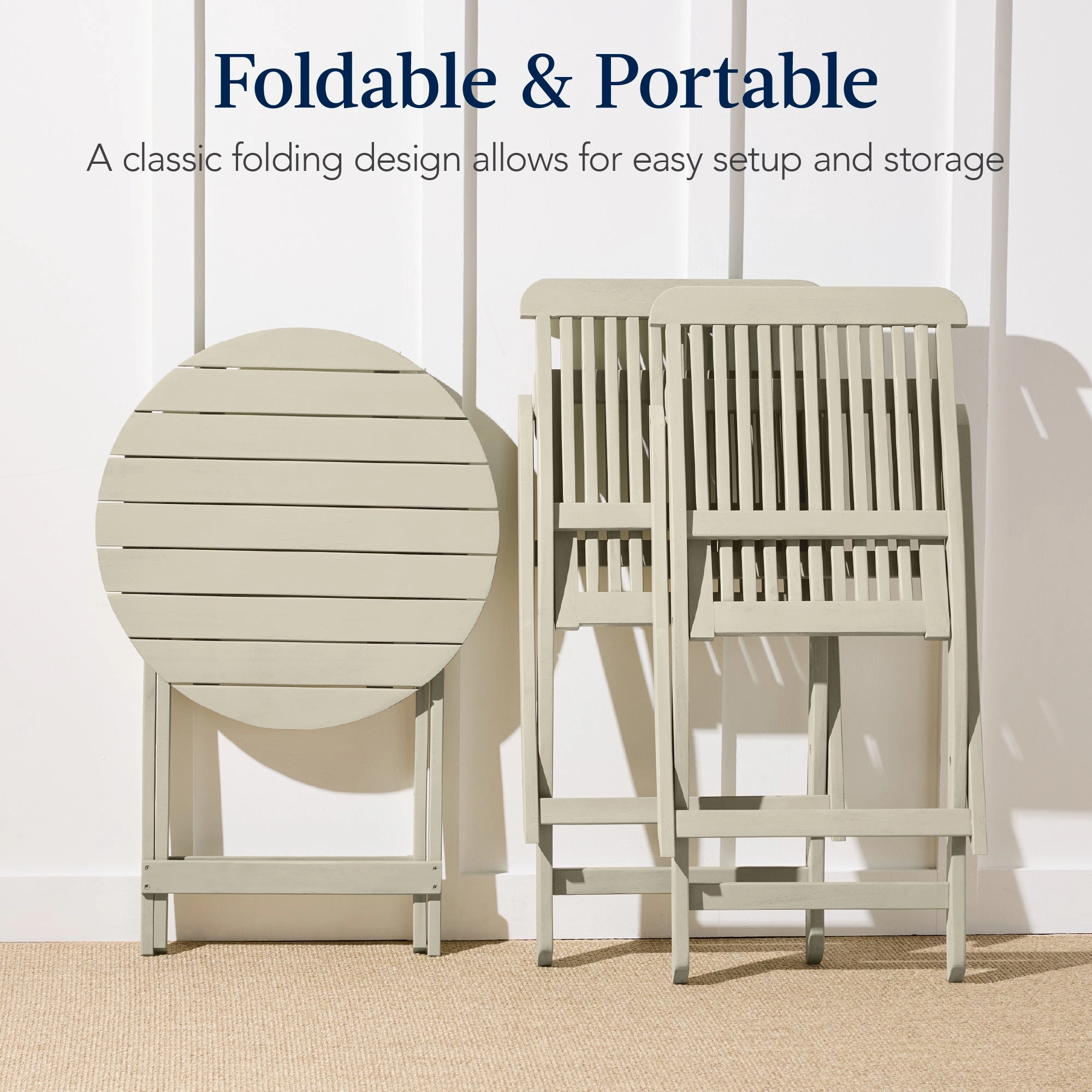 Best Choice Products 3-Piece Acacia Wood Bistro Set, Folding Patio Furniture w/ 2 Chairs, Table - Cream