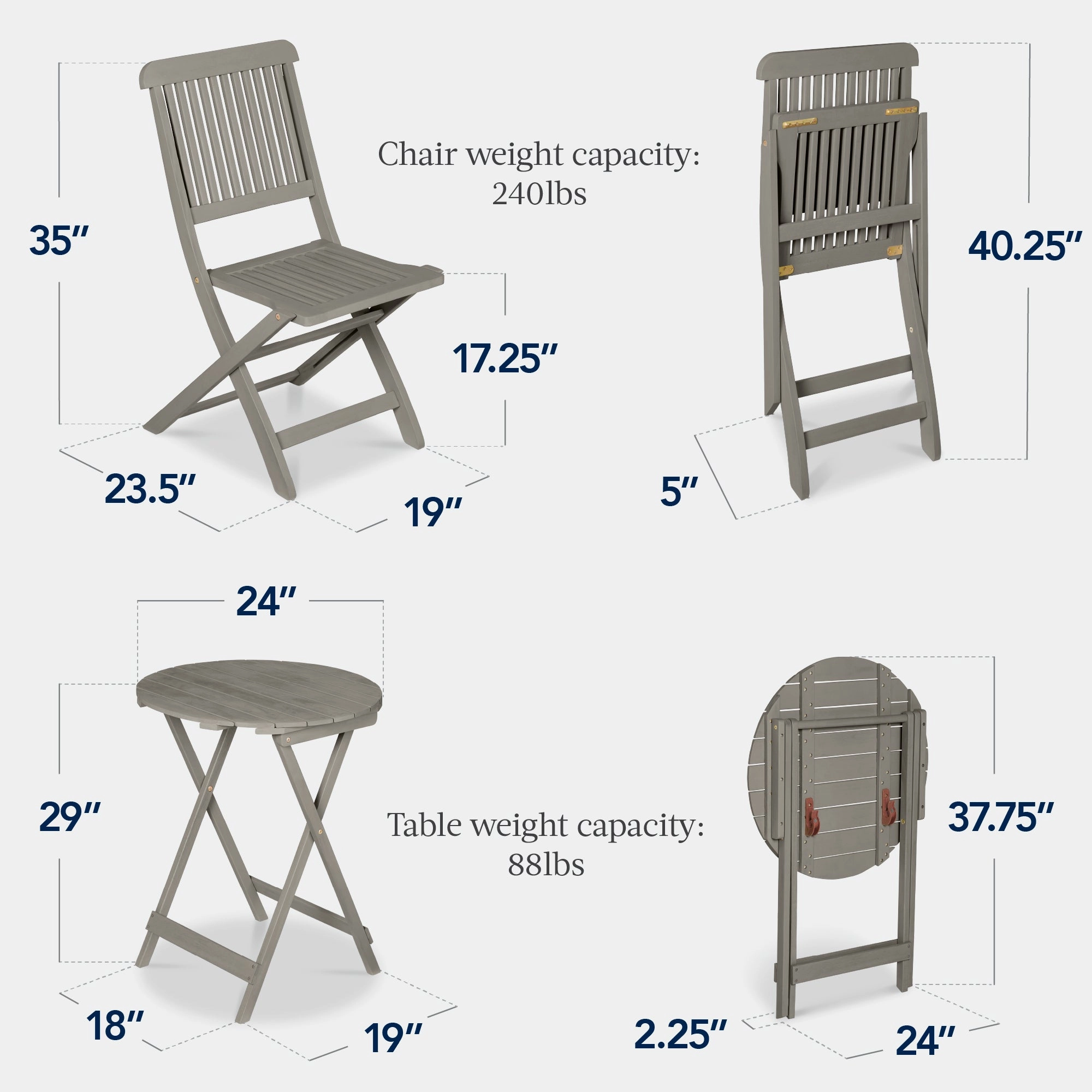 Best Choice Products 3-Piece Acacia Wood Bistro Set, Folding Patio Furniture w/ 2 Chairs, Table - Gray