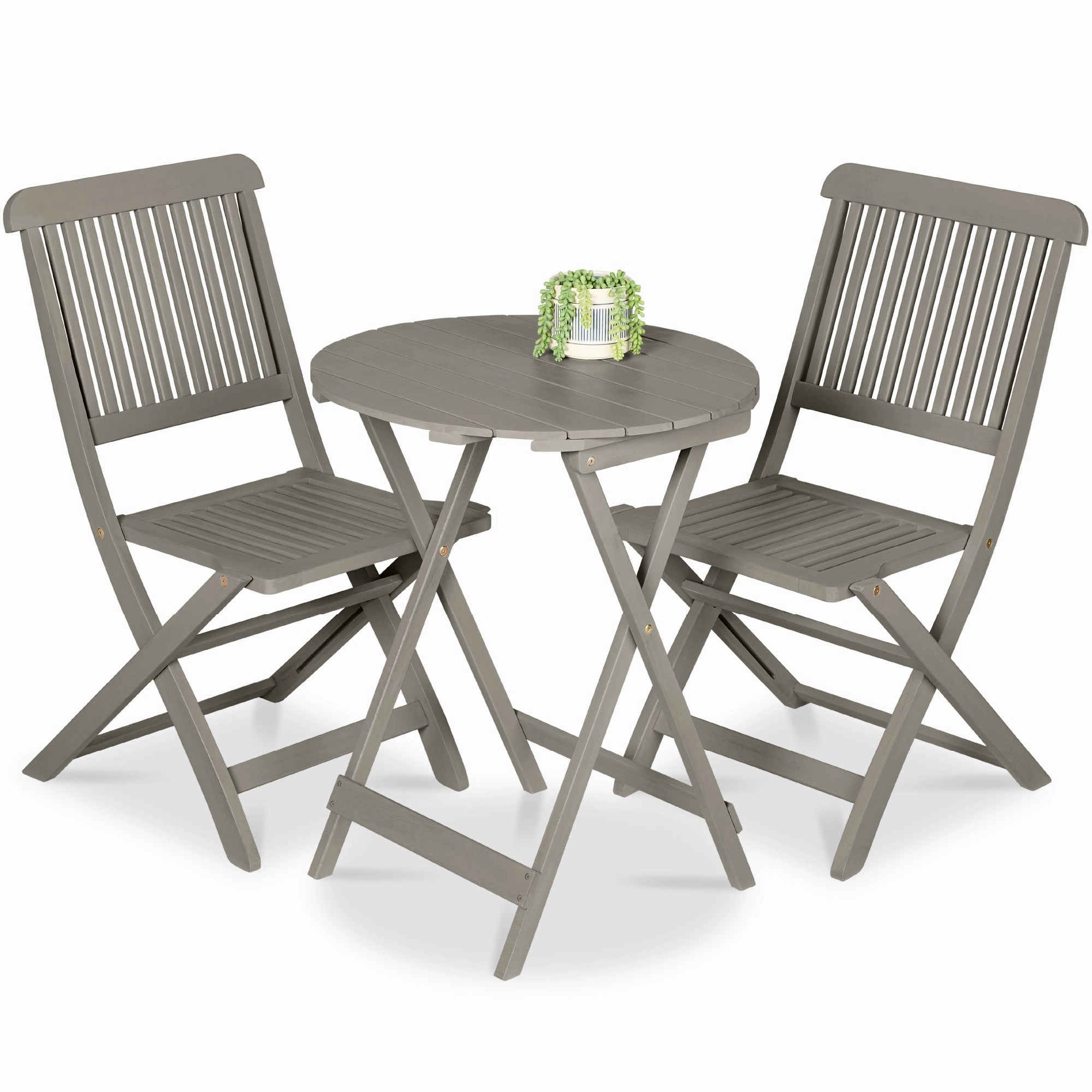 Best Choice Products 3-Piece Acacia Wood Bistro Set, Folding Patio Furniture w/ 2 Chairs, Table - Gray