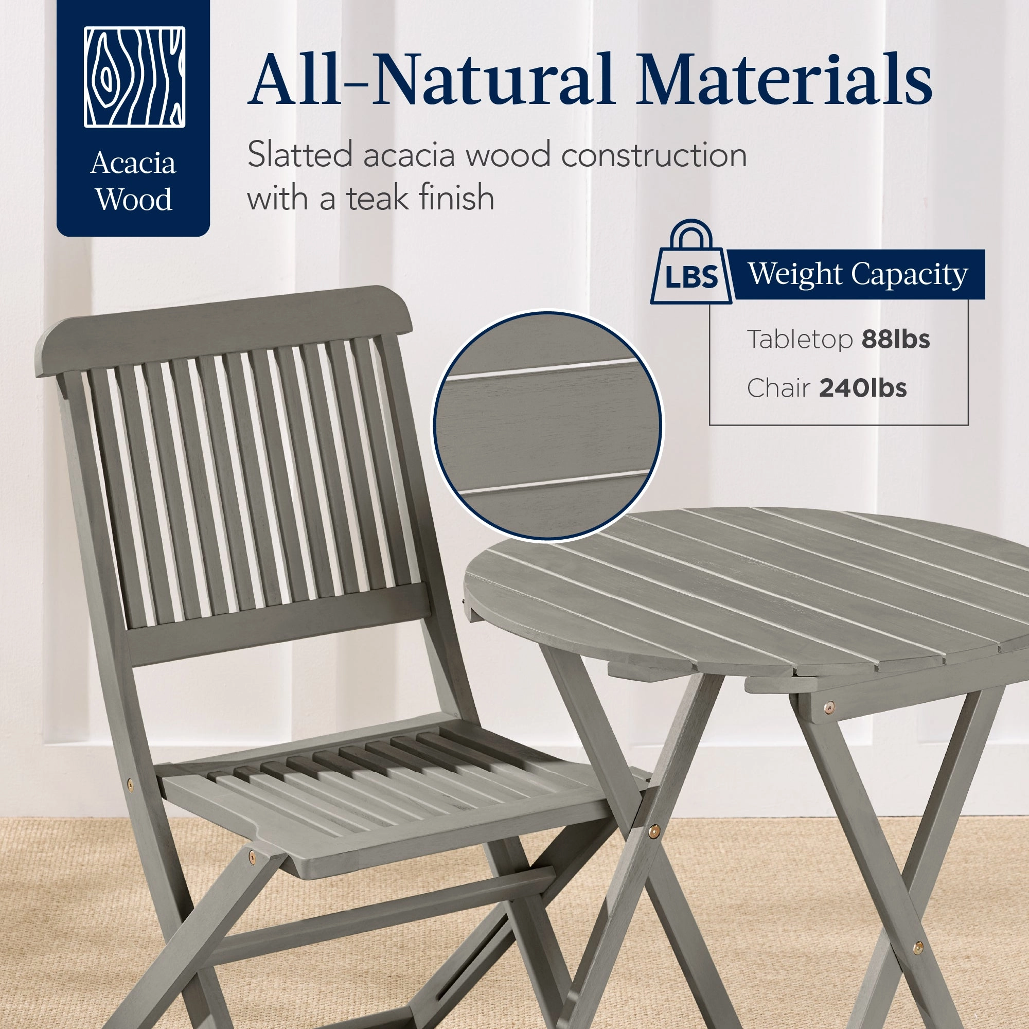Best Choice Products 3-Piece Acacia Wood Bistro Set, Folding Patio Furniture w/ 2 Chairs, Table - Gray