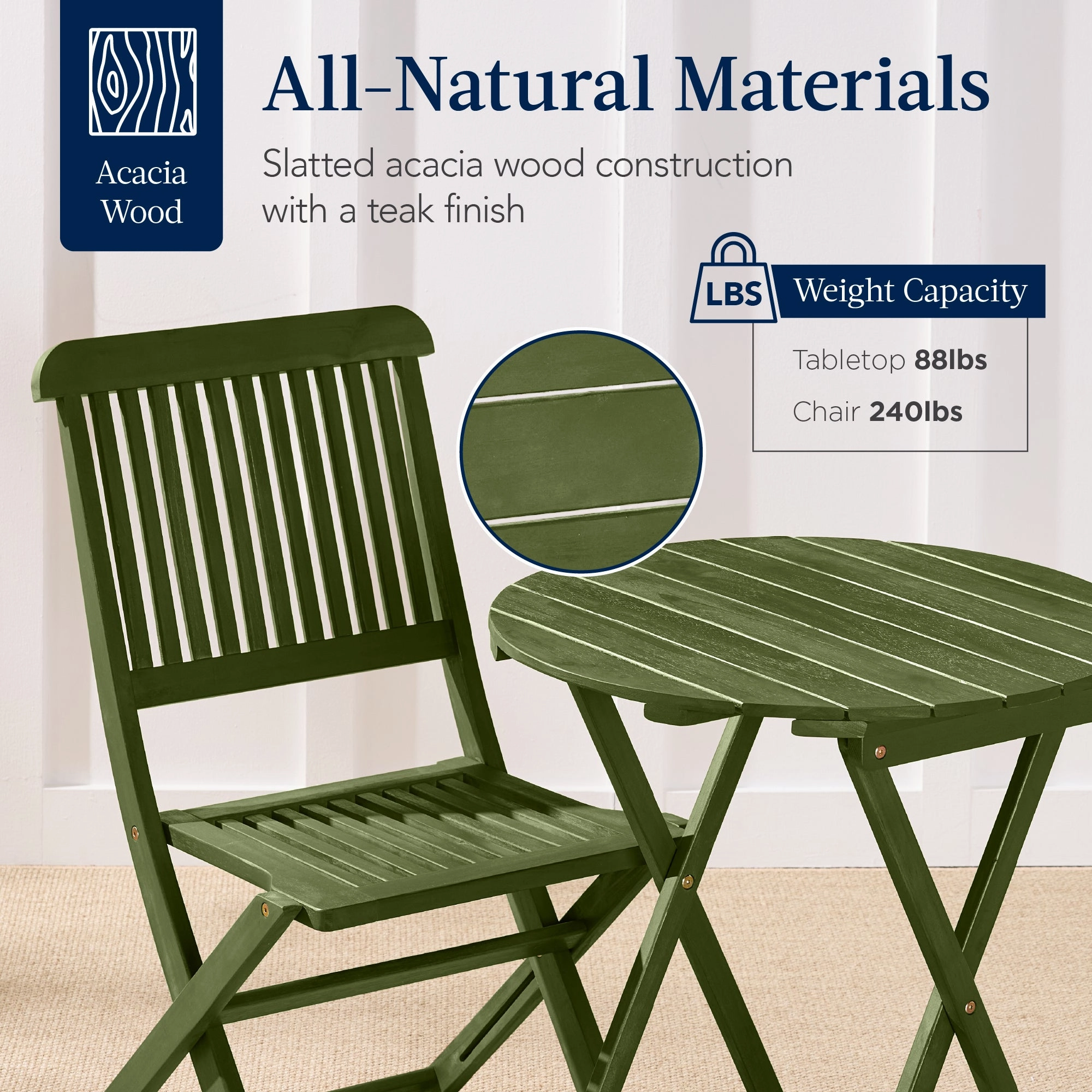 Best Choice Products 3-Piece Acacia Wood Bistro Set, Folding Patio Furniture w/ 2 Chairs, Table - Olive