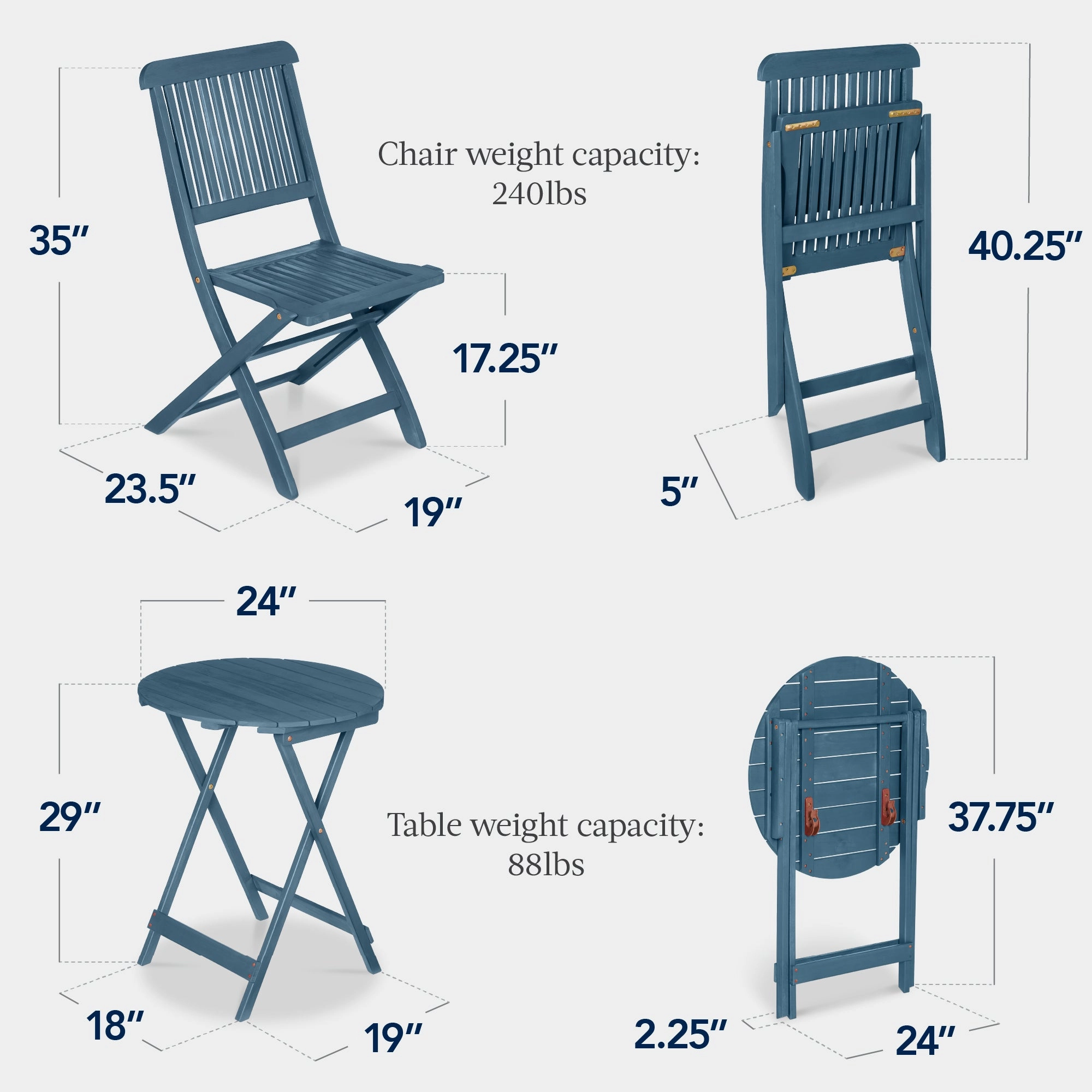 Best Choice Products 3-Piece Acacia Wood Bistro Set, Folding Patio Furniture w/ 2 Chairs, Table - Slate Blue