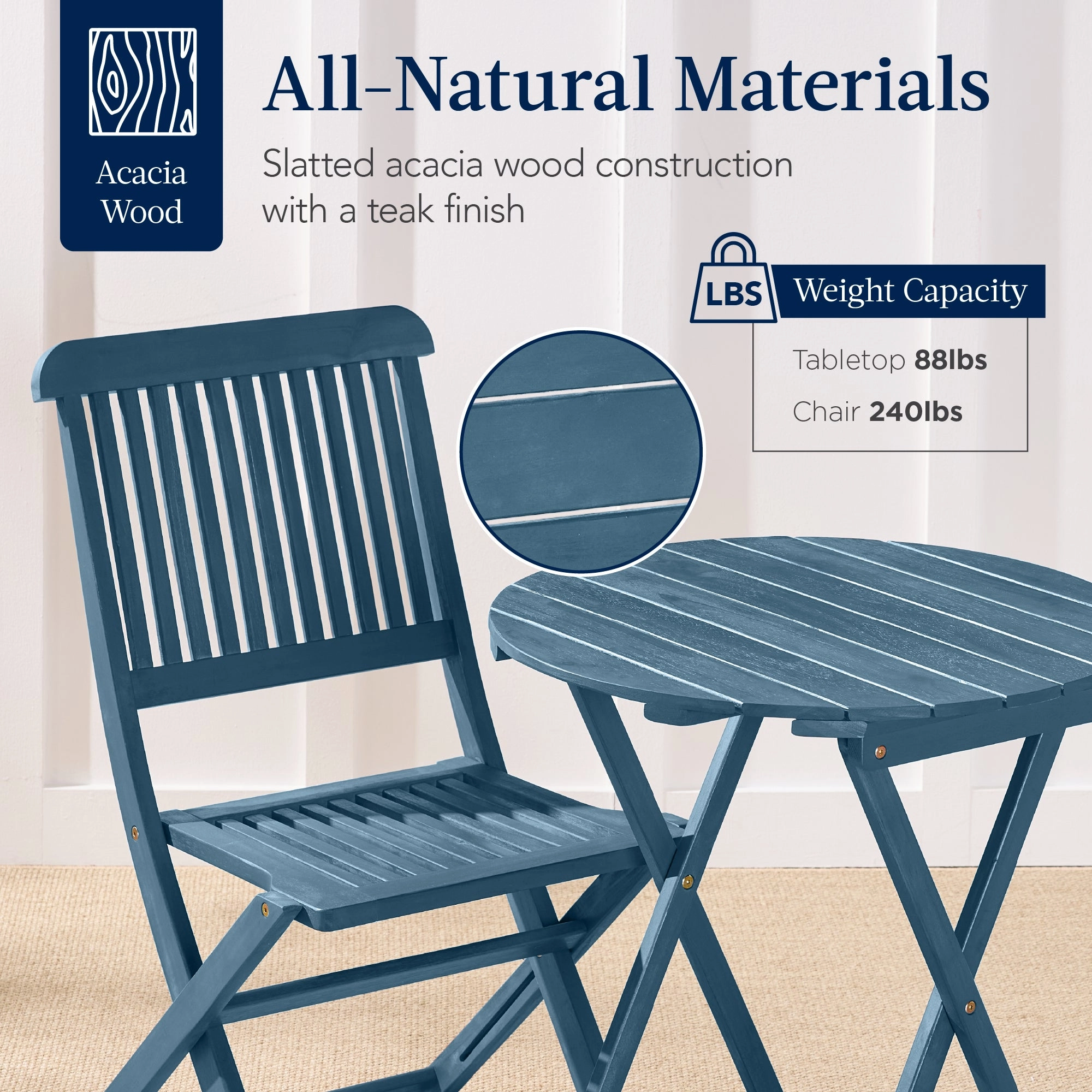 Best Choice Products 3-Piece Acacia Wood Bistro Set, Folding Patio Furniture w/ 2 Chairs, Table - Slate Blue