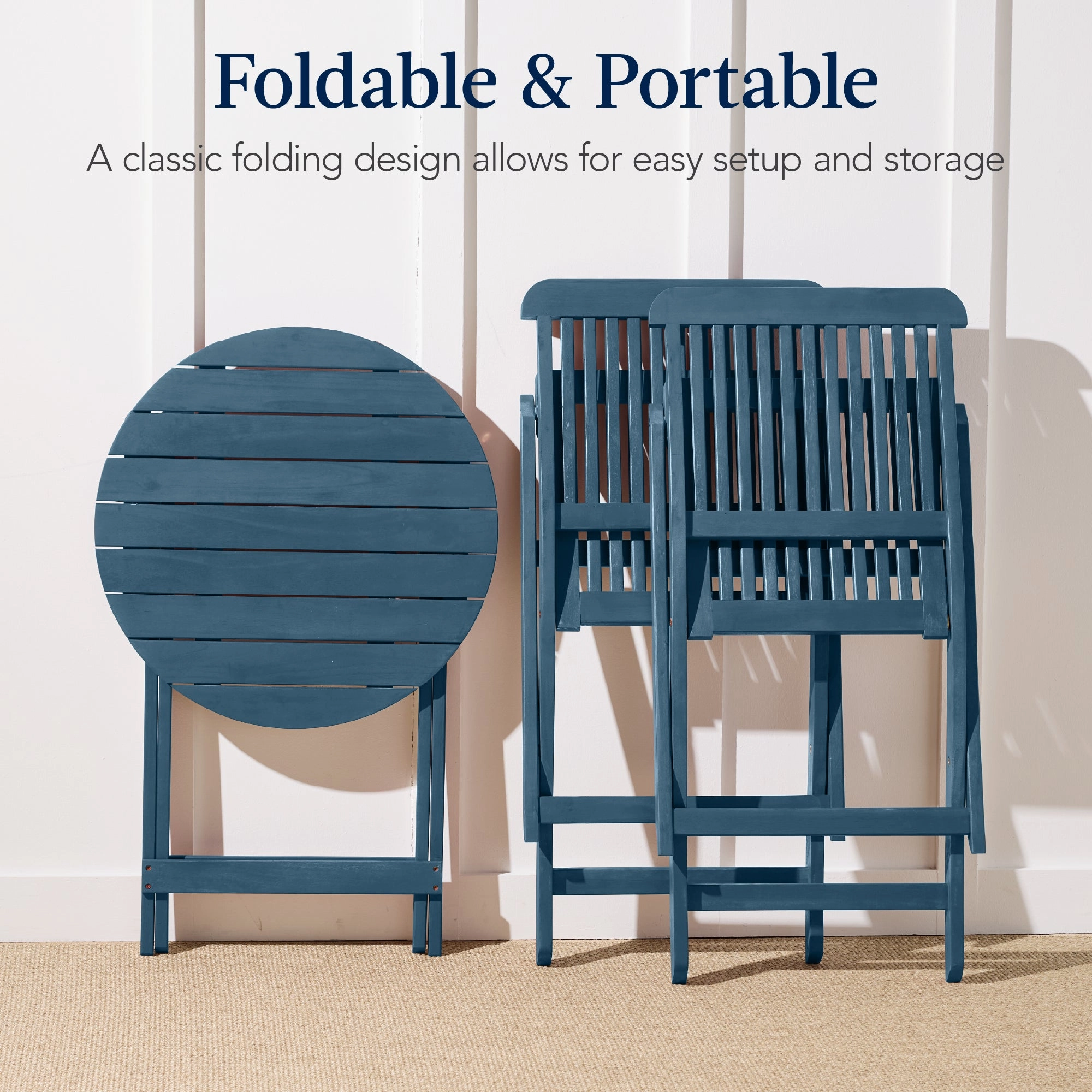 Best Choice Products 3-Piece Acacia Wood Bistro Set, Folding Patio Furniture w/ 2 Chairs, Table - Slate Blue