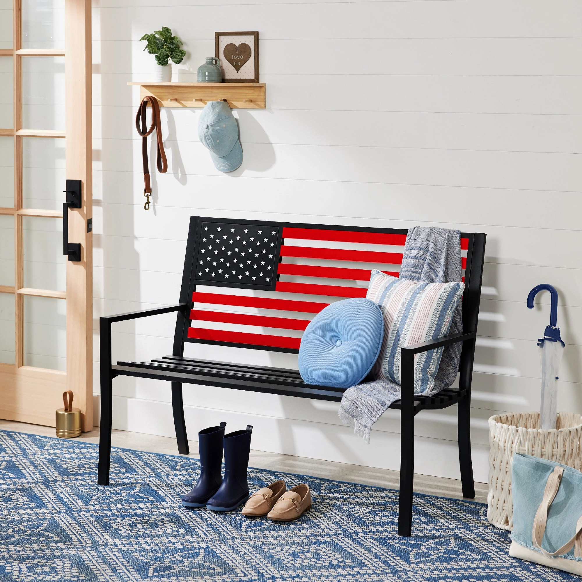 Best Choice Products Indoor Outdoor Steel Garden Bench w/ American Flag Backrest, 790lb Capacity - Black/Red