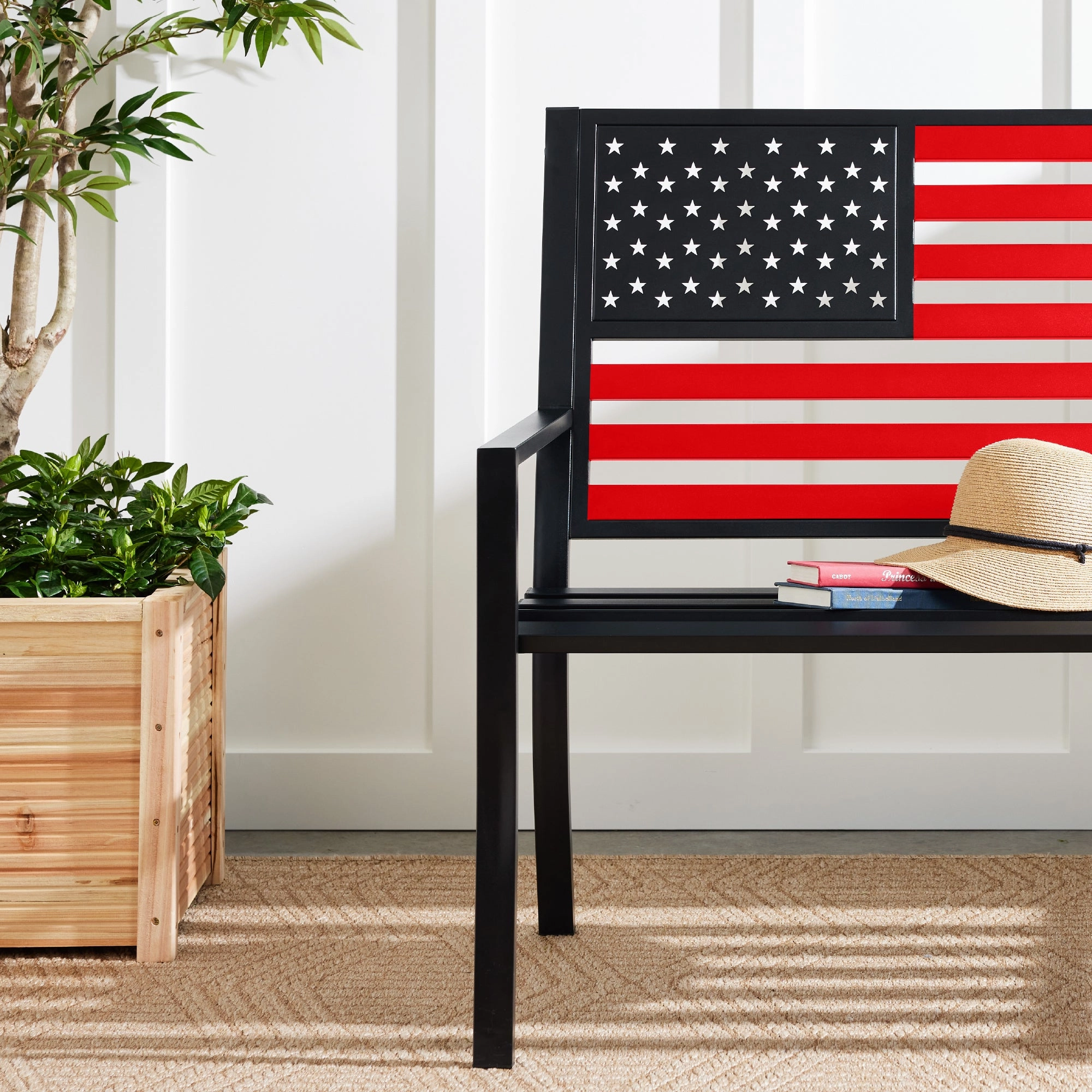 Best Choice Products Indoor Outdoor Steel Garden Bench w/ American Flag Backrest, 790lb Capacity - Black/Red