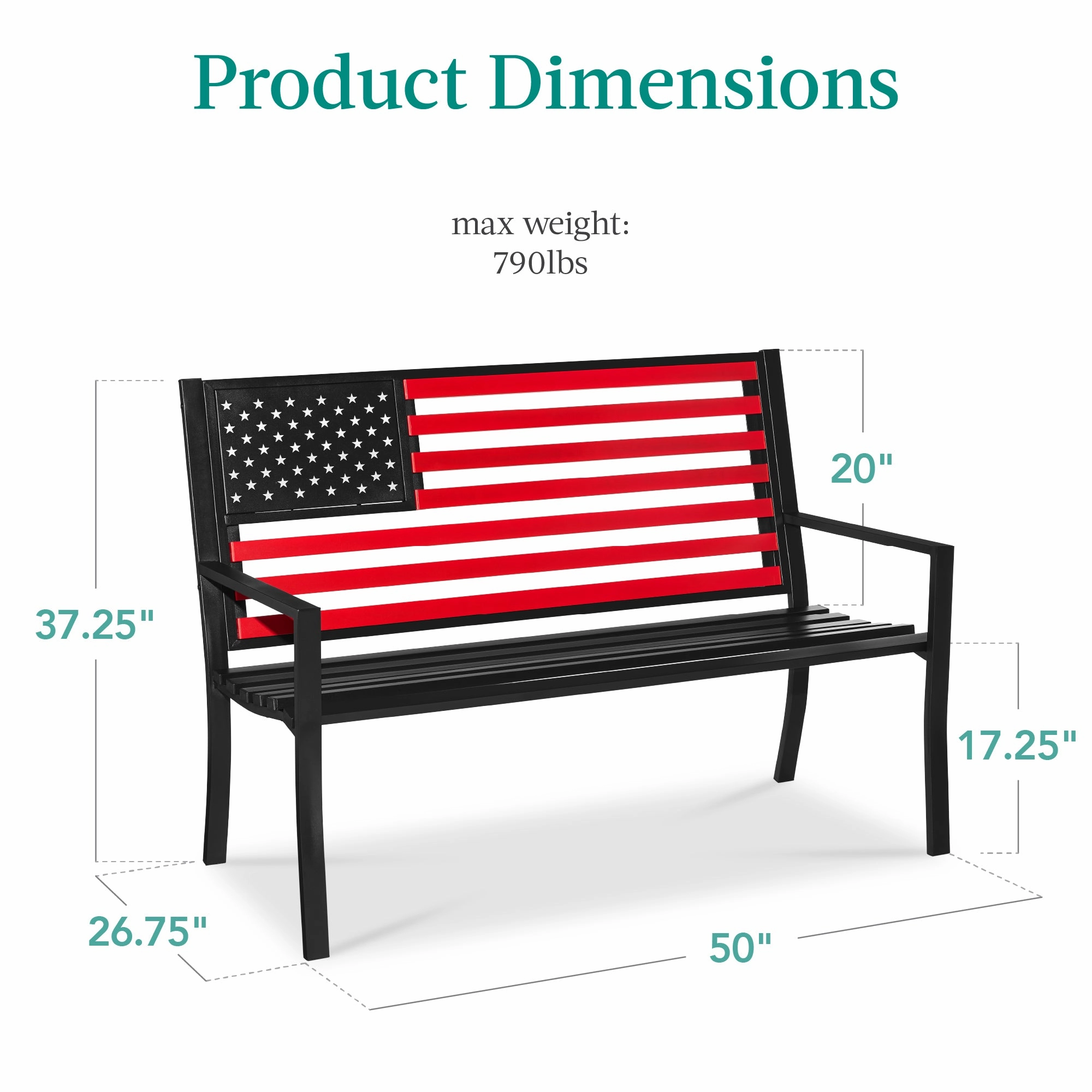 Best Choice Products Indoor Outdoor Steel Garden Bench w/ American Flag Backrest, 790lb Capacity - Black/Red