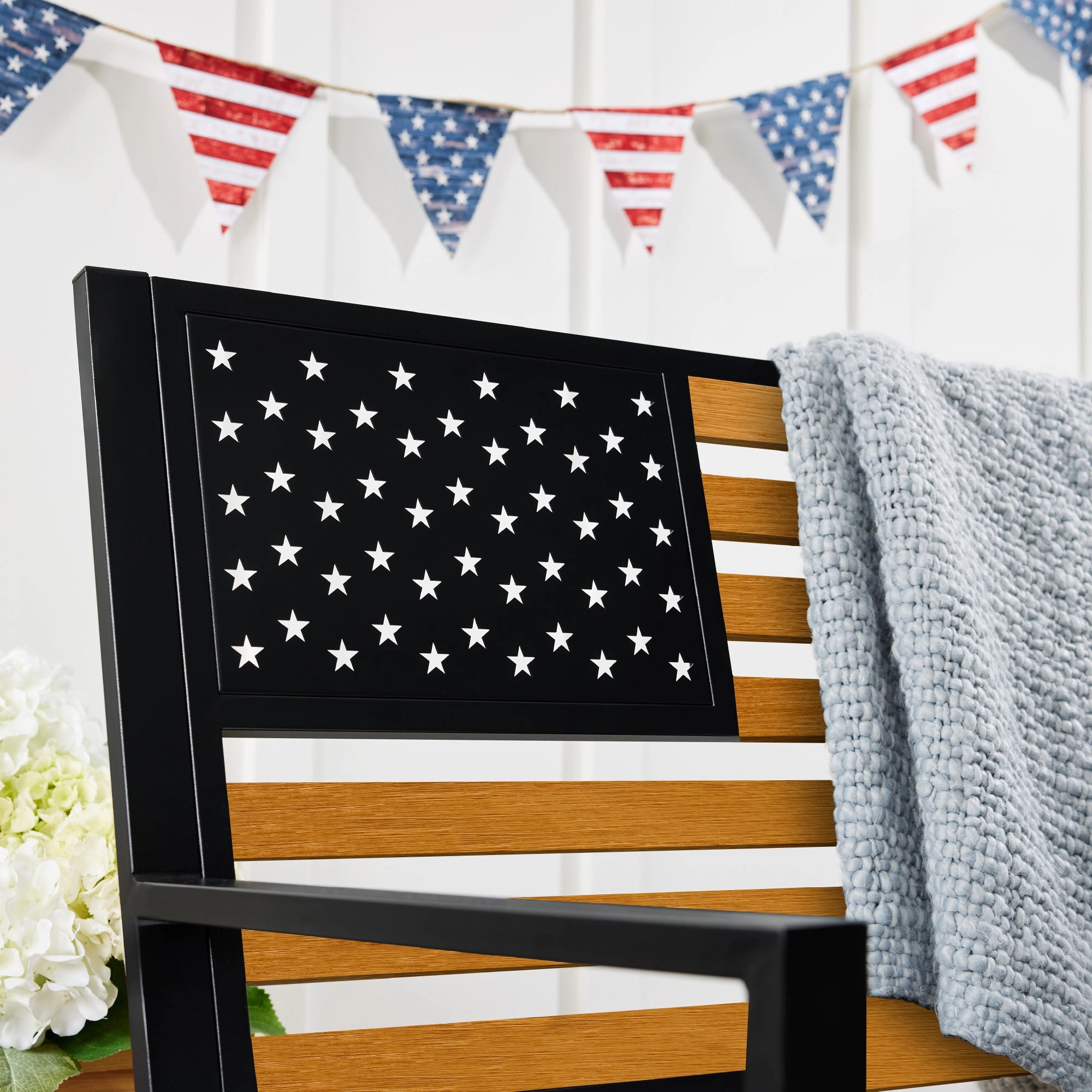 Best Choice Products Indoor Outdoor Steel Garden Bench w/ American Flag Backrest, 790lb Capacity - Black/Wood
