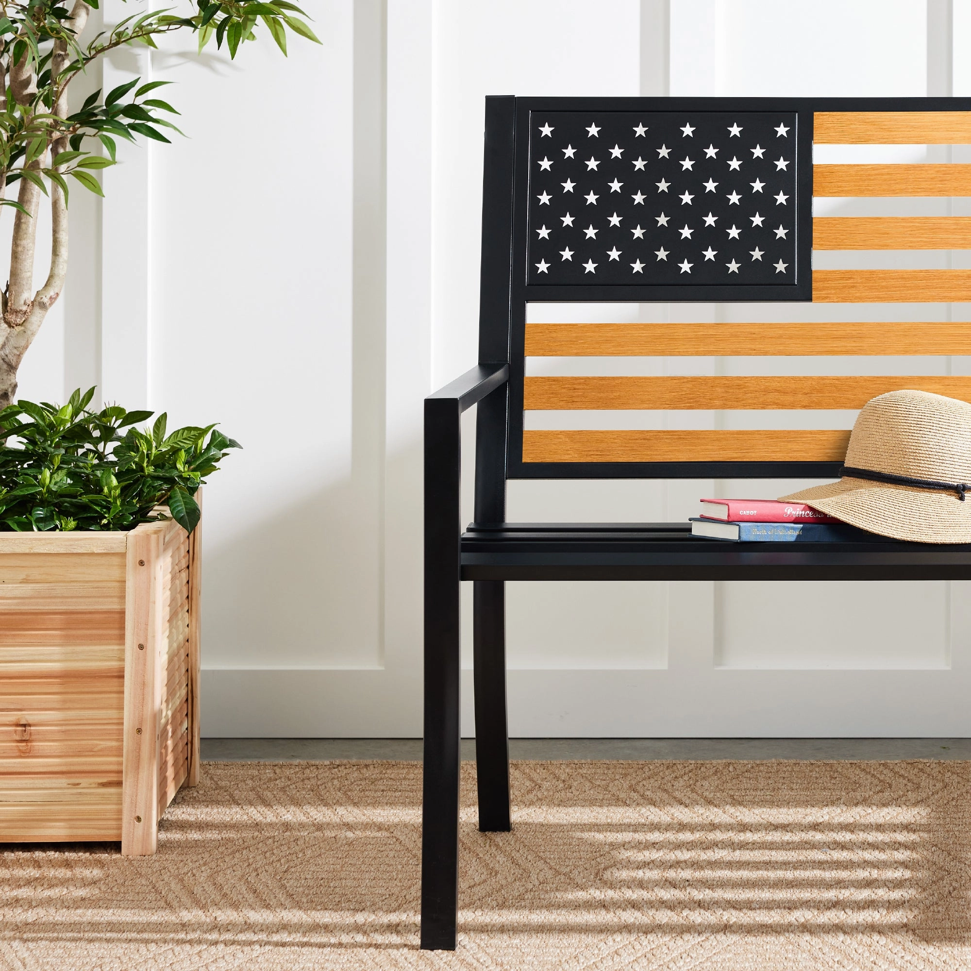 Best Choice Products Indoor Outdoor Steel Garden Bench w/ American Flag Backrest, 790lb Capacity - Black/Wood