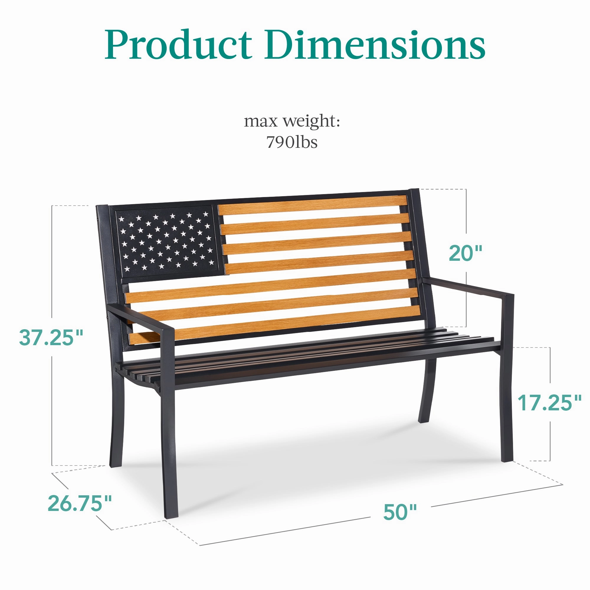 Best Choice Products Indoor Outdoor Steel Garden Bench w/ American Flag Backrest, 790lb Capacity - Black/Wood