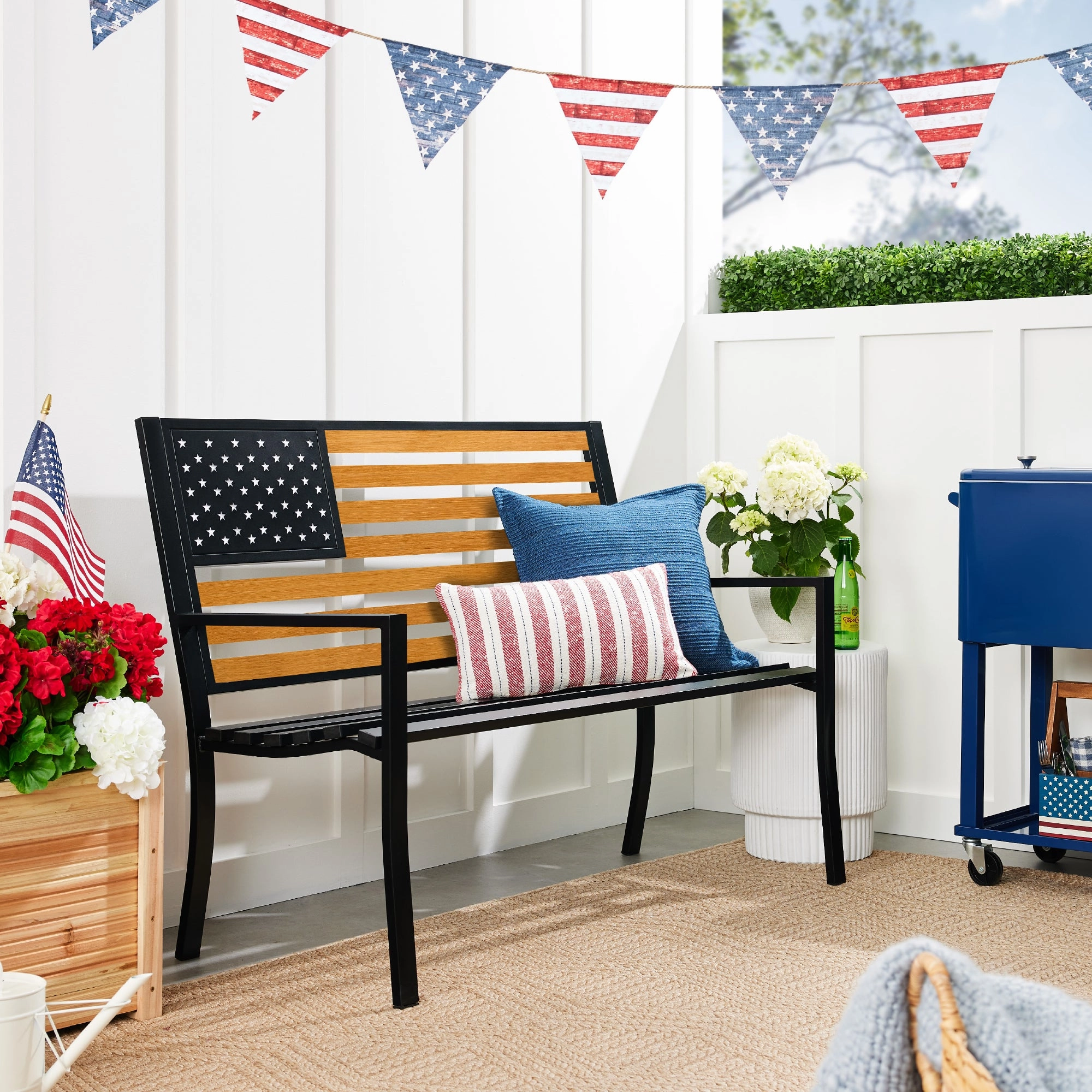 Best Choice Products Indoor Outdoor Steel Garden Bench w/ American Flag Backrest, 790lb Capacity - Black/Wood