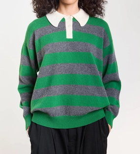 Edith Stripe Polo Top In Pagoda Green/derby Grey