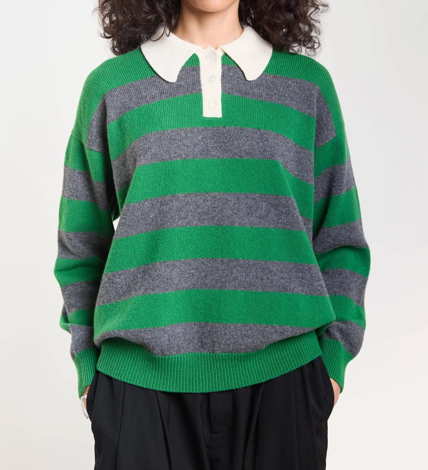 Edith Stripe Polo Top In Pagoda Green/derby Grey
