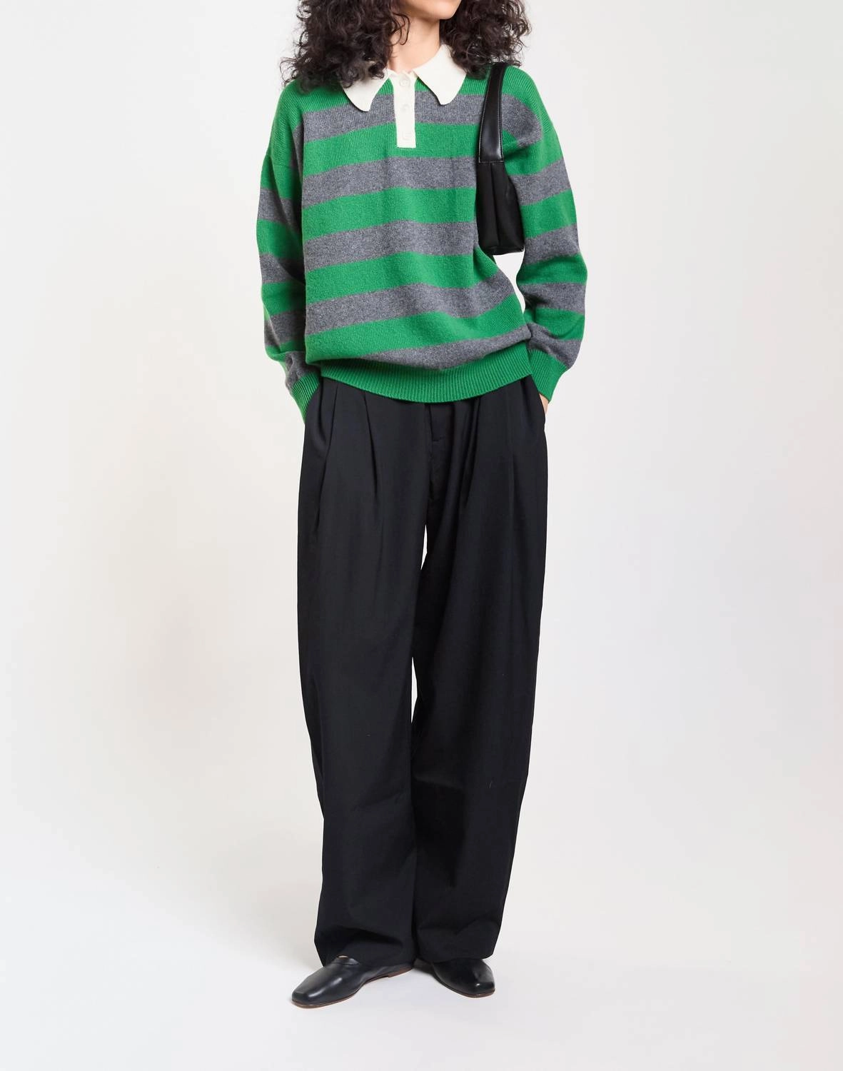 Edith Stripe Polo Top In Pagoda Green/derby Grey
