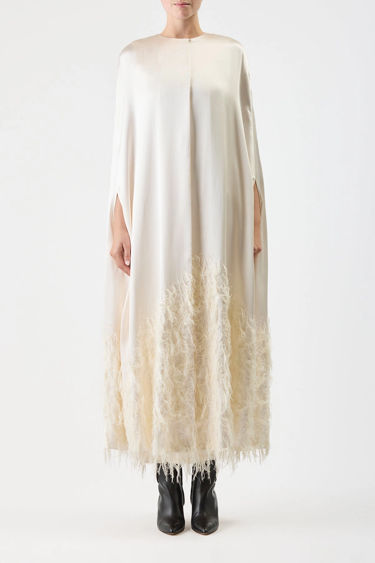 Hillman Feather Cape in Ivory Silk Satin