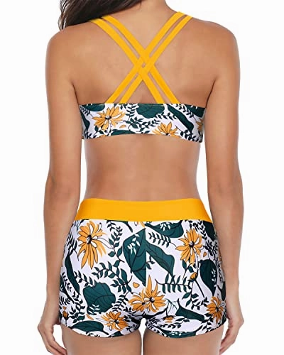 Modest 3 Piece Swimsuit For Women High Neck Backless Tankini-Yellow Floral