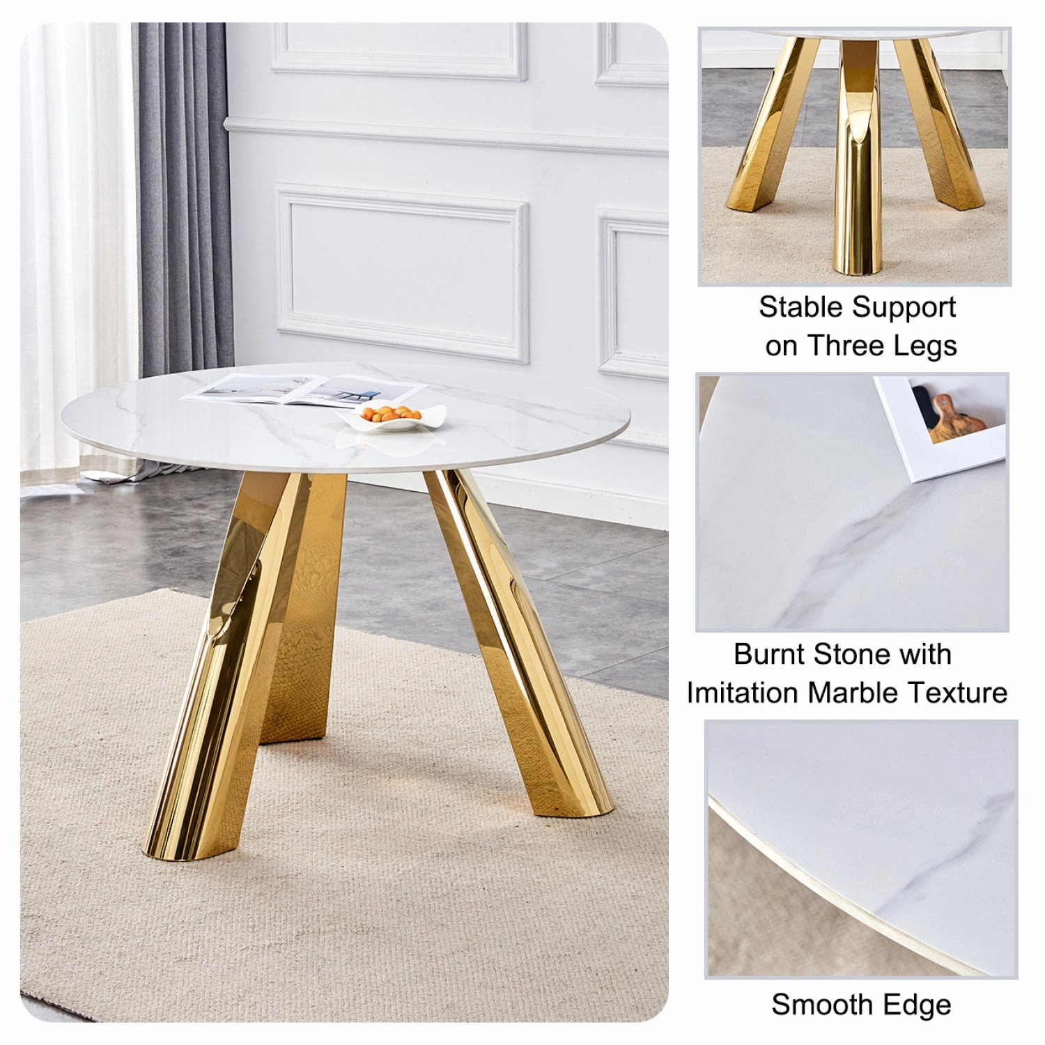 Streamdale 42" White Marble Round Table Gold Legs