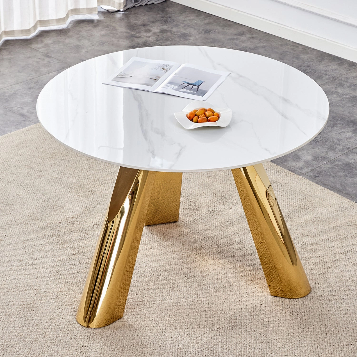 Streamdale 42" White Marble Round Table Gold Legs