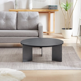 Streamdale Round Coffee Table Black Oak Wood Surface and Black Metel Feet