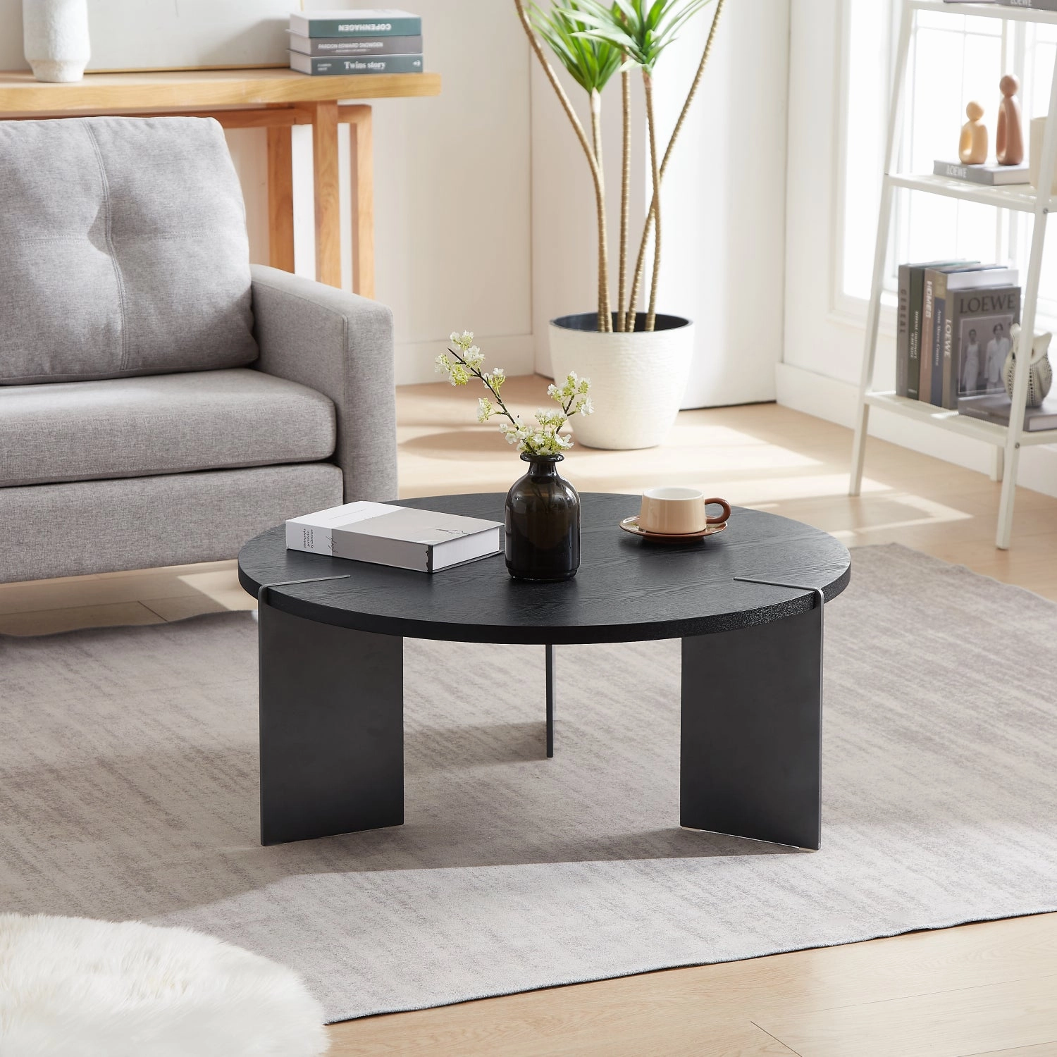 Streamdale Round Coffee Table Black Oak Wood Surface and Black Metel Feet