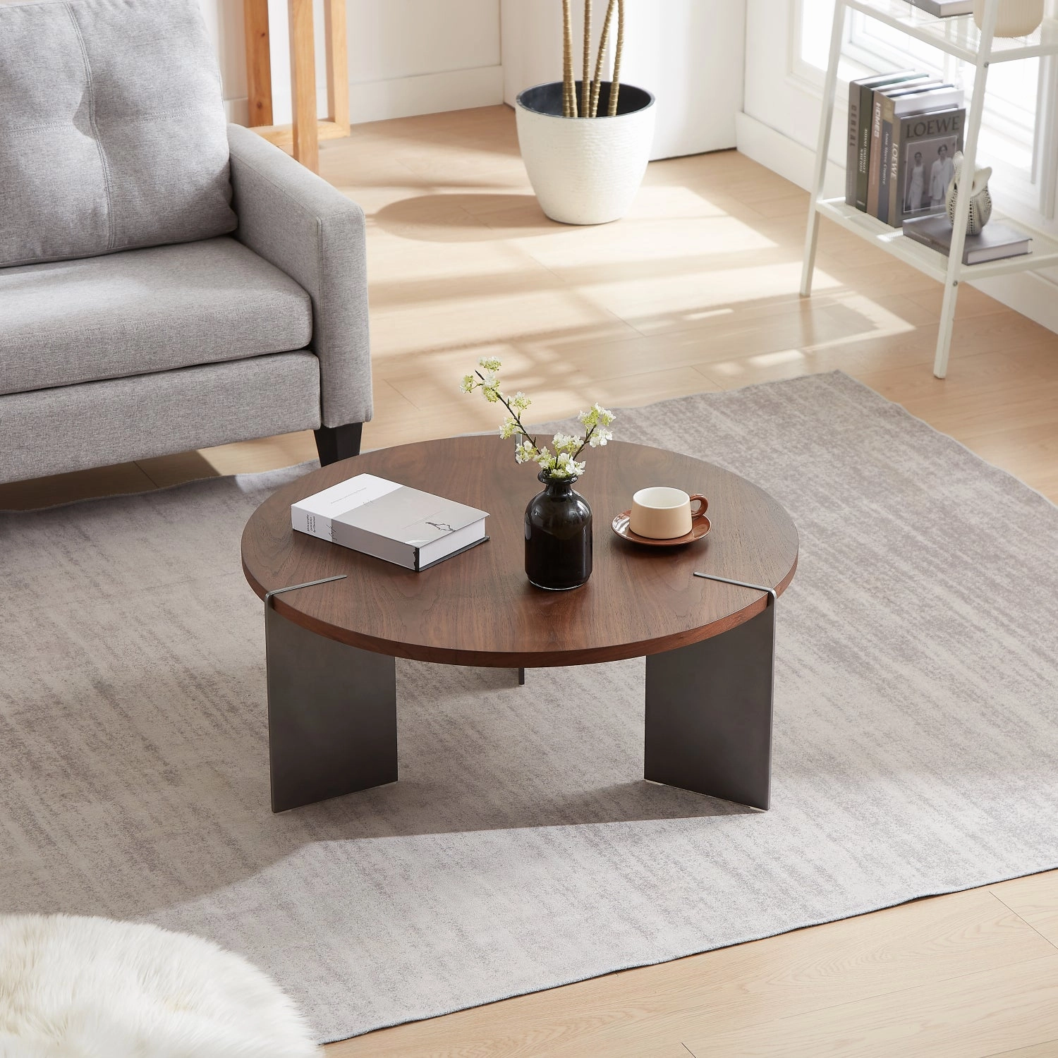 Streamdale Round Coffee Table Walnut Wood Surface and Black Metel Feet