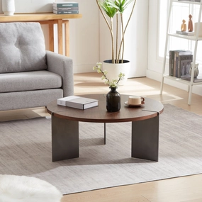 Streamdale Round Coffee Table Walnut Wood Surface and Black Metel Feet