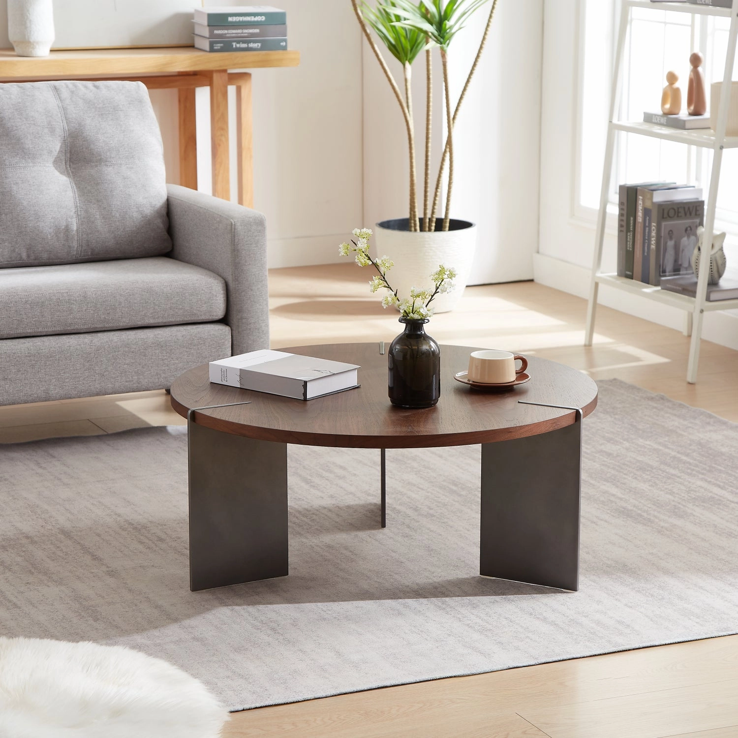 Streamdale Round Coffee Table Walnut Wood Surface and Black Metel Feet