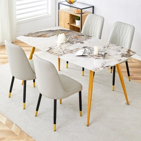 Streamdale Sintered Stone Dining Set: White Marble Table & 4 PU Chairs