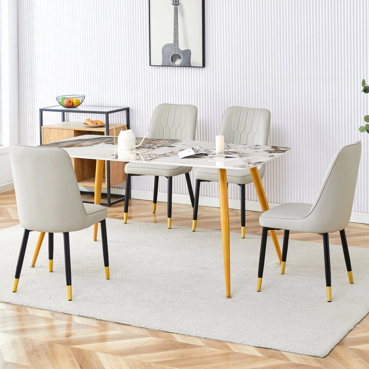 Streamdale Sintered Stone Dining Set: White Marble Table & 4 PU Chairs