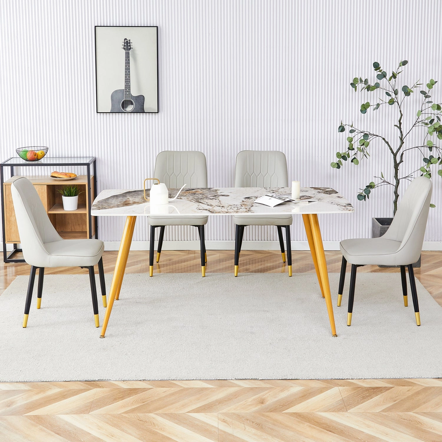 Streamdale Sintered Stone Dining Set: White Marble Table & 4 PU Chairs