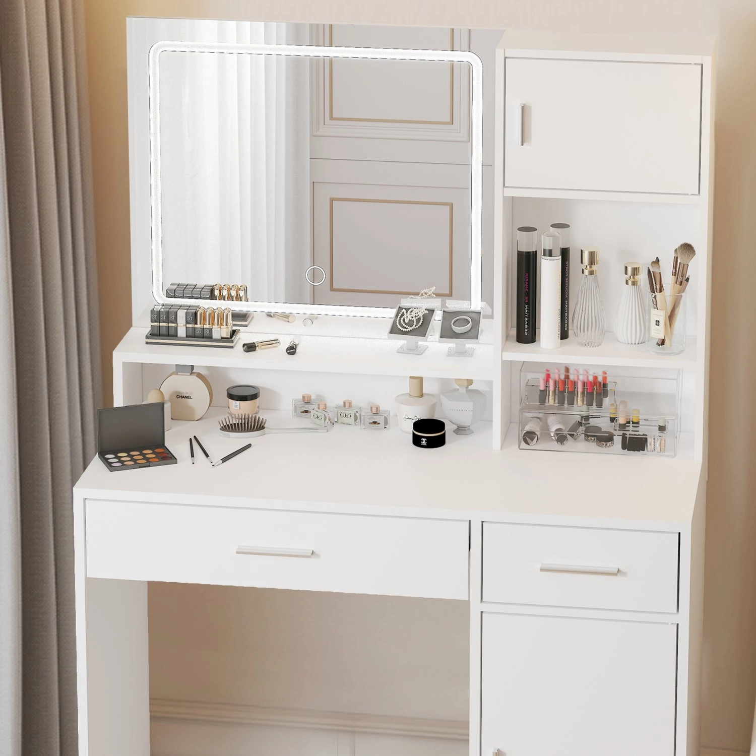 Streamdale White Vanity Desk with Mirror, LED Light, Drawer & Storage