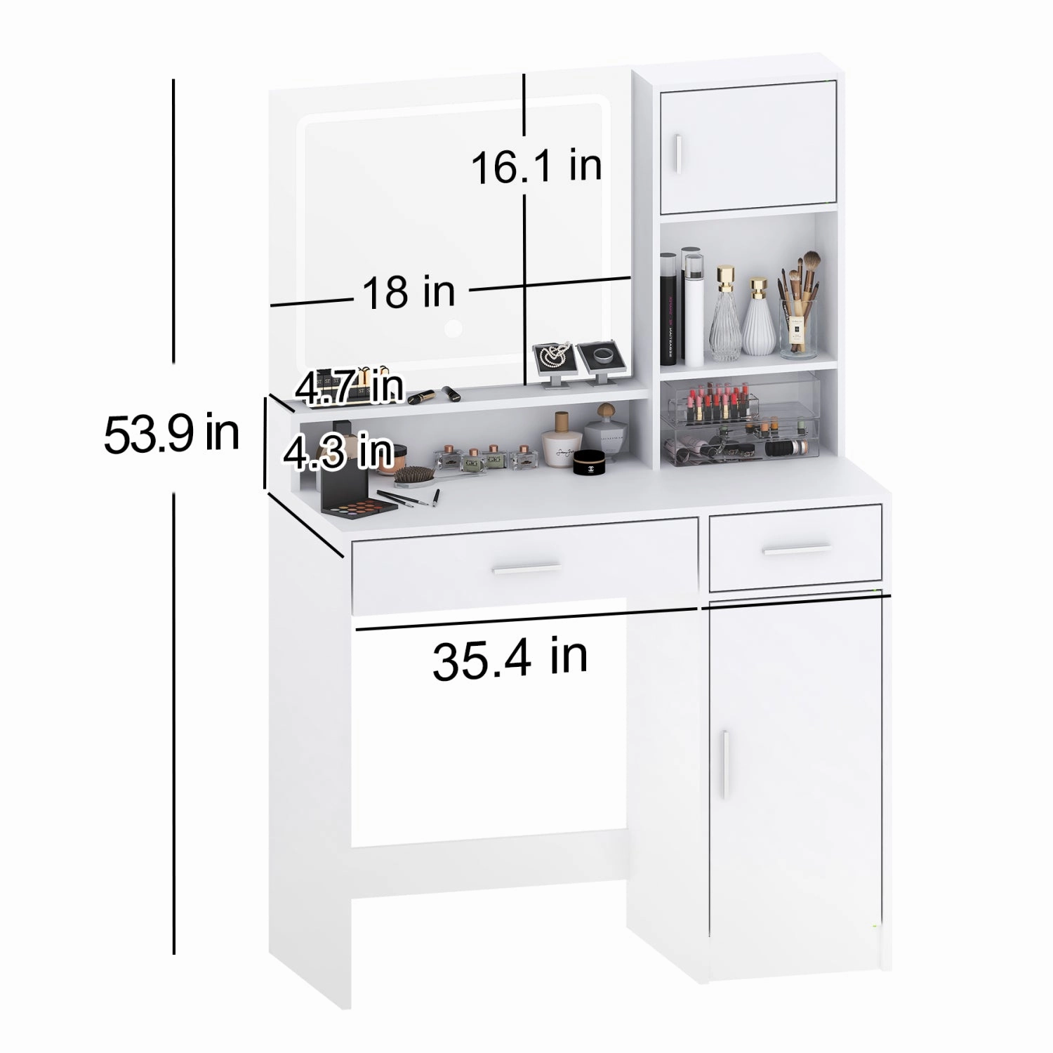 Streamdale White Vanity Desk with Mirror, LED Light, Drawer & Storage