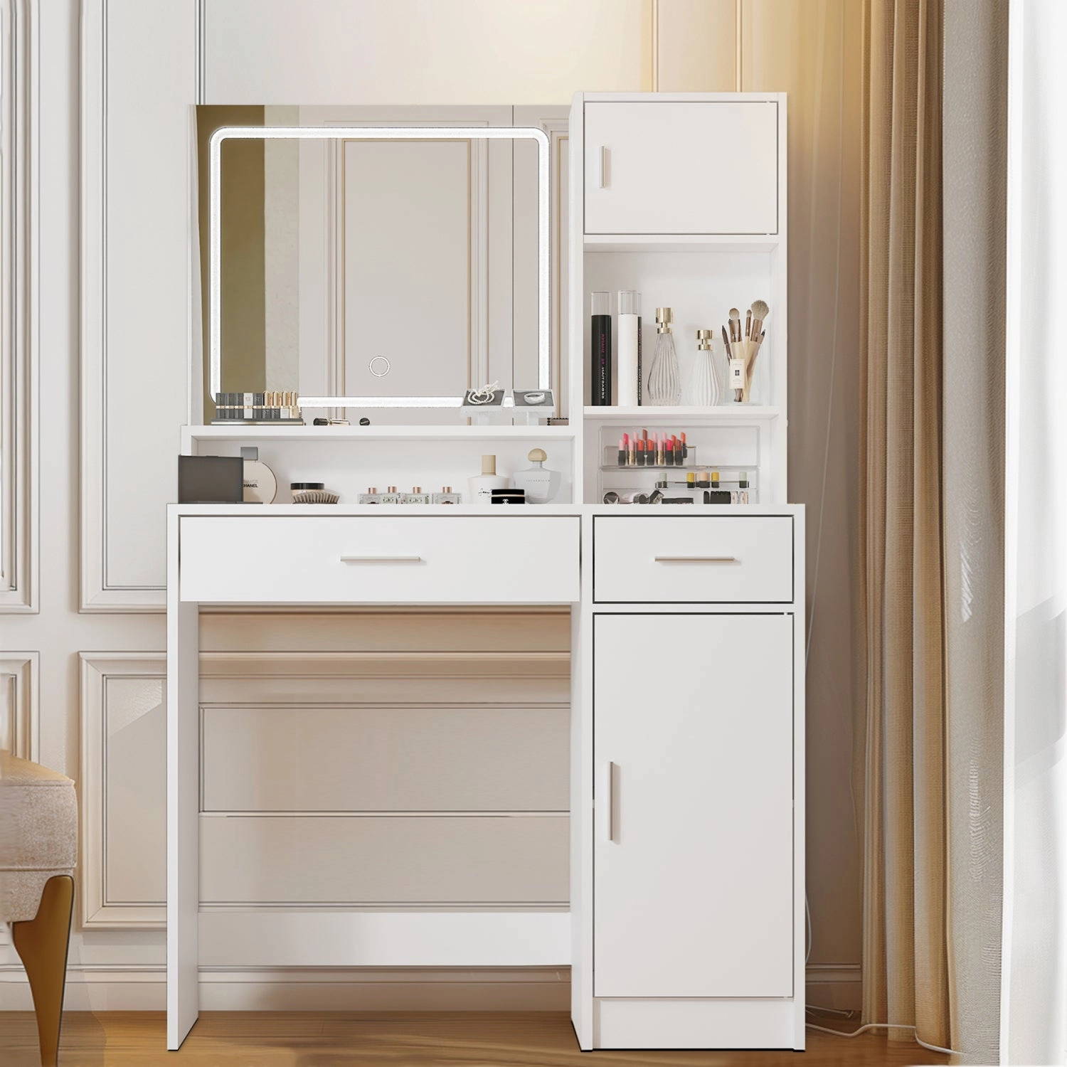 Streamdale White Vanity Desk with Mirror, LED Light, Drawer & Storage