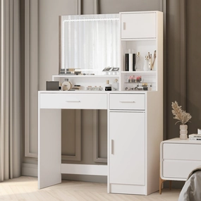 Streamdale White Vanity Desk with Mirror, LED Light, Drawer & Storage