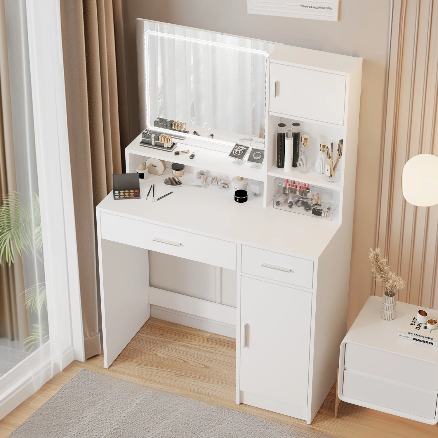 Streamdale White Vanity Desk with Mirror, LED Light, Drawer & Storage