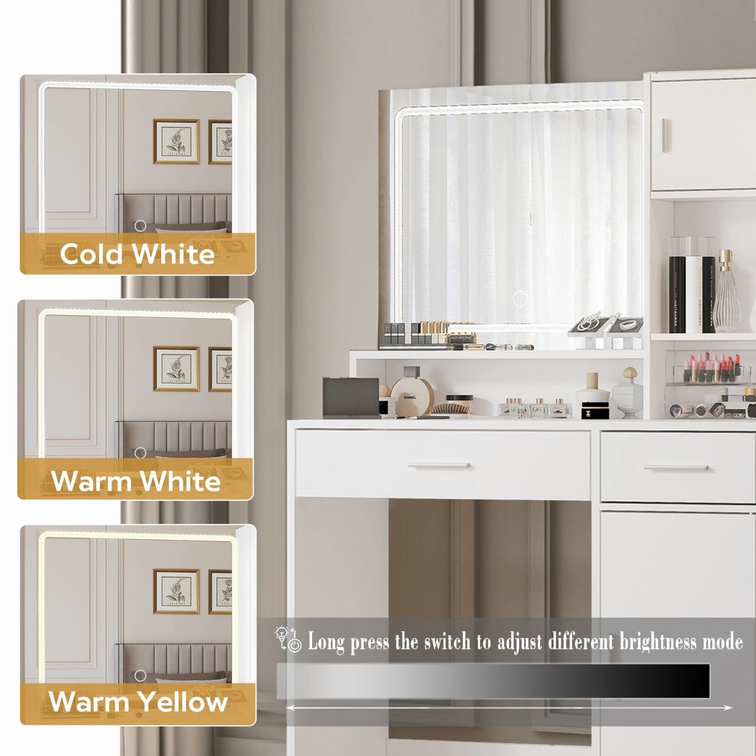 Streamdale White Vanity Desk with Mirror, LED Light, Drawer & Storage