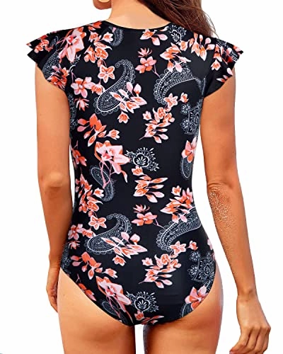 Women's Tummy Control One Piece Short Sleeve Rash Guard Swimsuit-Black Pink Flowers