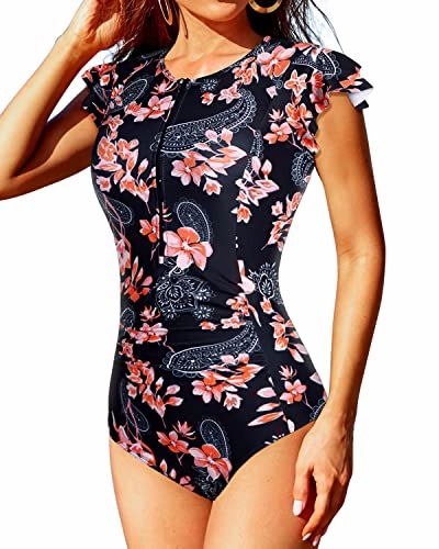 Women's Tummy Control One Piece Short Sleeve Rash Guard Swimsuit-Black Pink Flowers