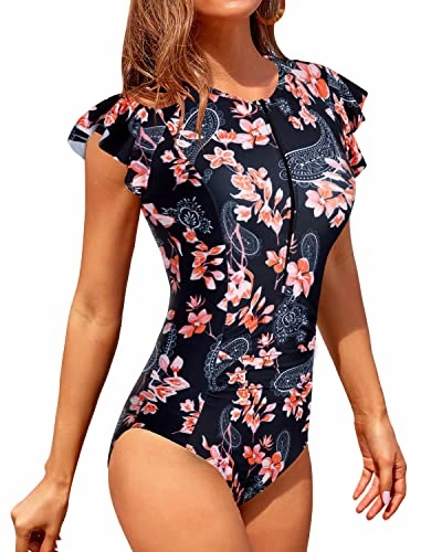 Women's Tummy Control One Piece Short Sleeve Rash Guard Swimsuit-Black Pink Flowers